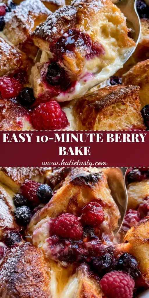 Berries and Cream Stuffed French Toast Casserole (The Ultimate Brunch) 4 A high-angle shot of Berries and cream stuffed French toast casserole in a white dish with golden brioche cubes and burst blueberries.