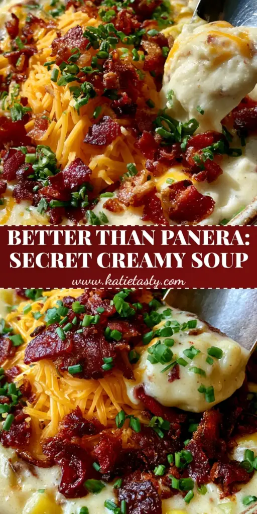 A rustic bowl of creamy Loaded potato soup topped with mahogany bacon, melted cheddar, and chives with a silver spoon cheese pull.