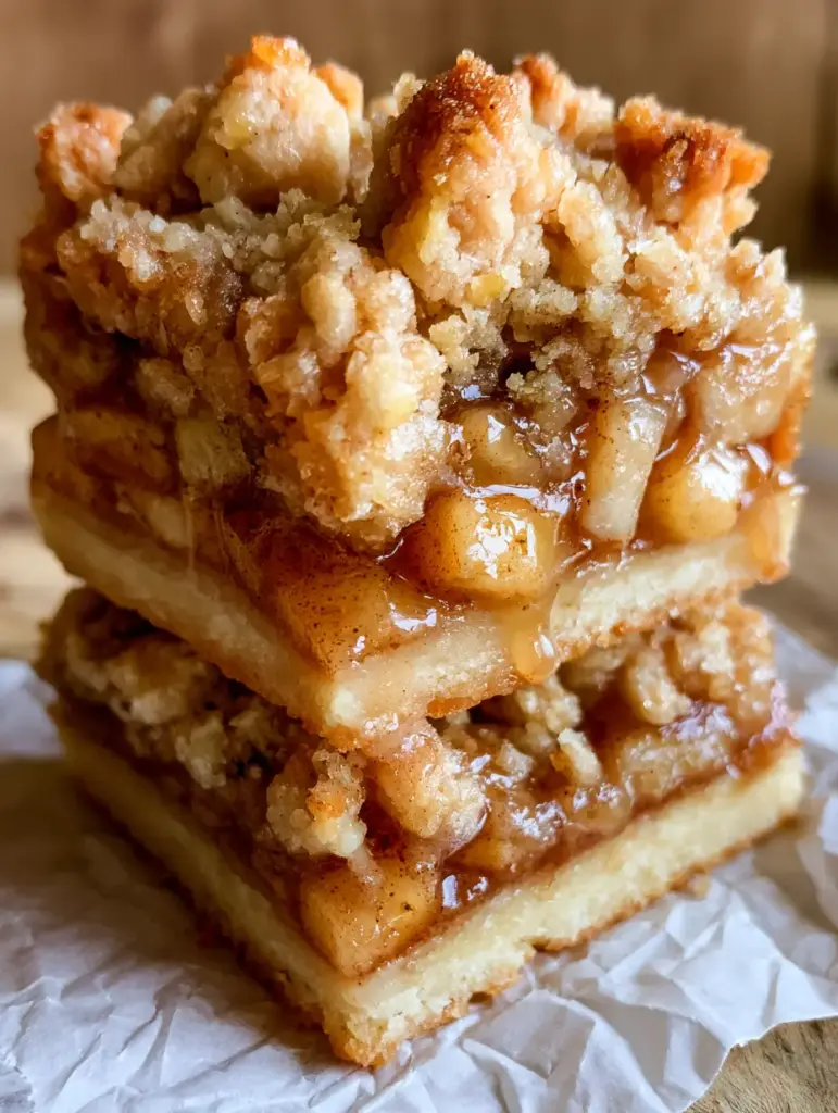 Macro shot of apple bars showing the pale golden shortbread base and dark amber cinnamon apple filling.