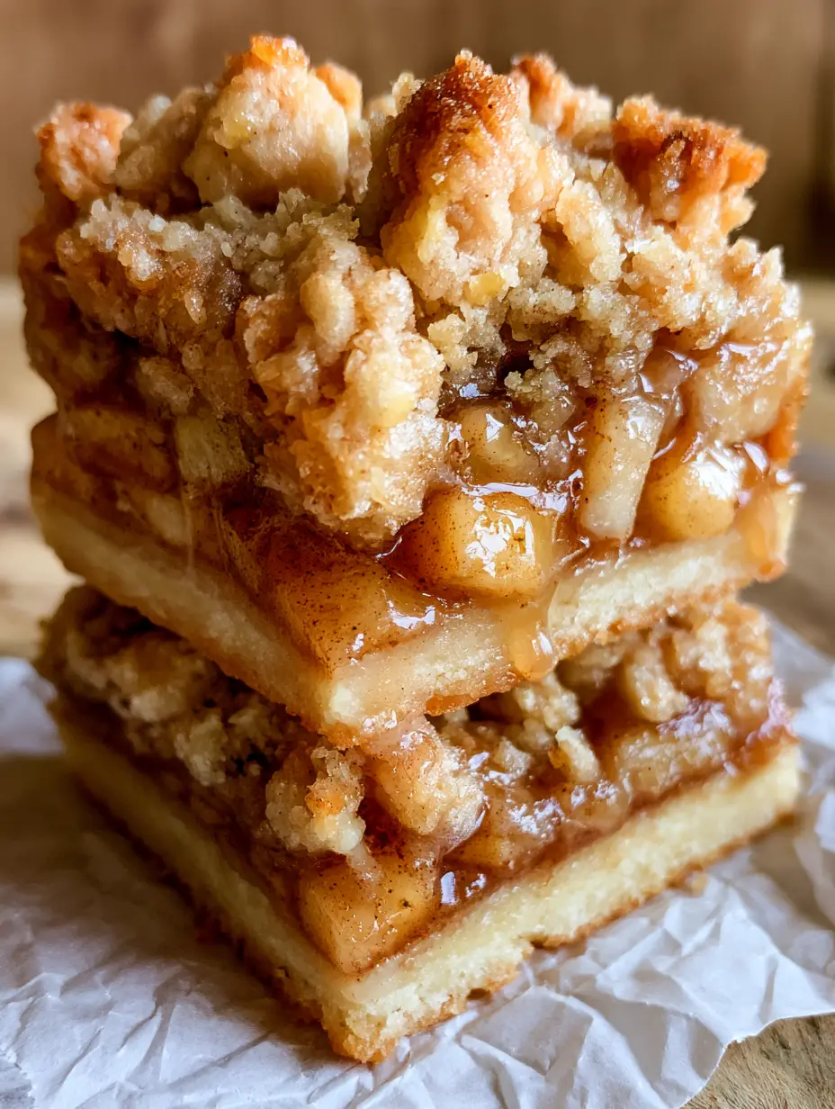 Macro shot of apple bars showing the pale golden shortbread base and dark amber cinnamon apple filling.