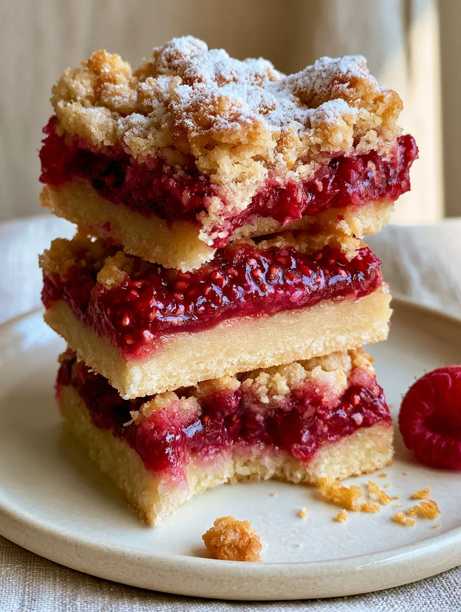 Macro eye-level shot of a stack of three raspberry shortbread bars on a ceramic plate with one bar having a bite removed.