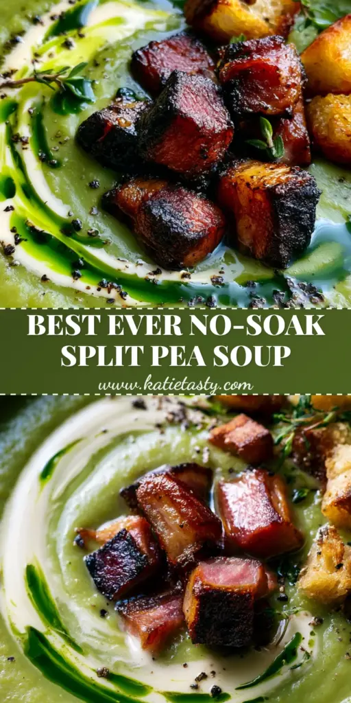 Top-down view of a velvety moss-green split pea soup garnished with crispy ham cubes, sourdough croutons, and a cream swirl.