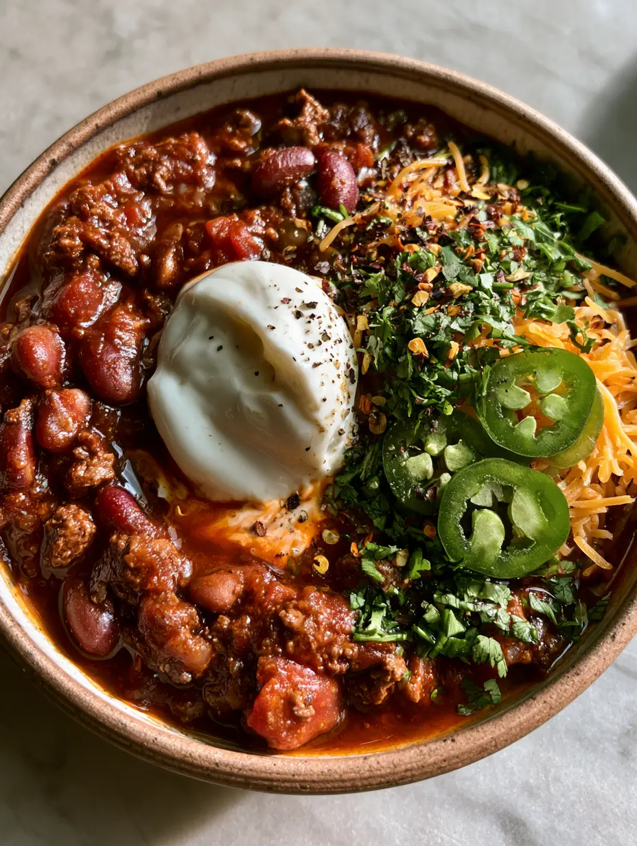 Close up of beef Chilli in a bowl showing texture of kidney beans and seared beef with melting sour cream.
