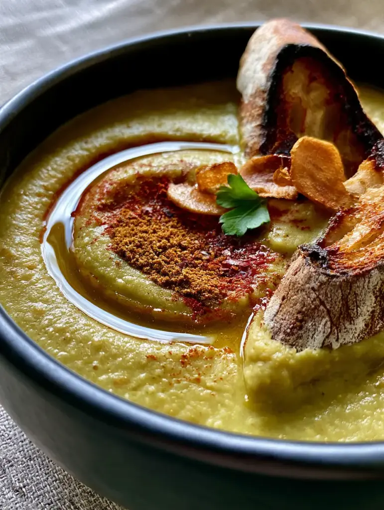 Moroccan Split Pea Soup (Creamy & Authentic Bissara) 2 High-angle view of creamy pale-olive Moroccan split pea soup with a shimmering oil swirl and toasted garlic.