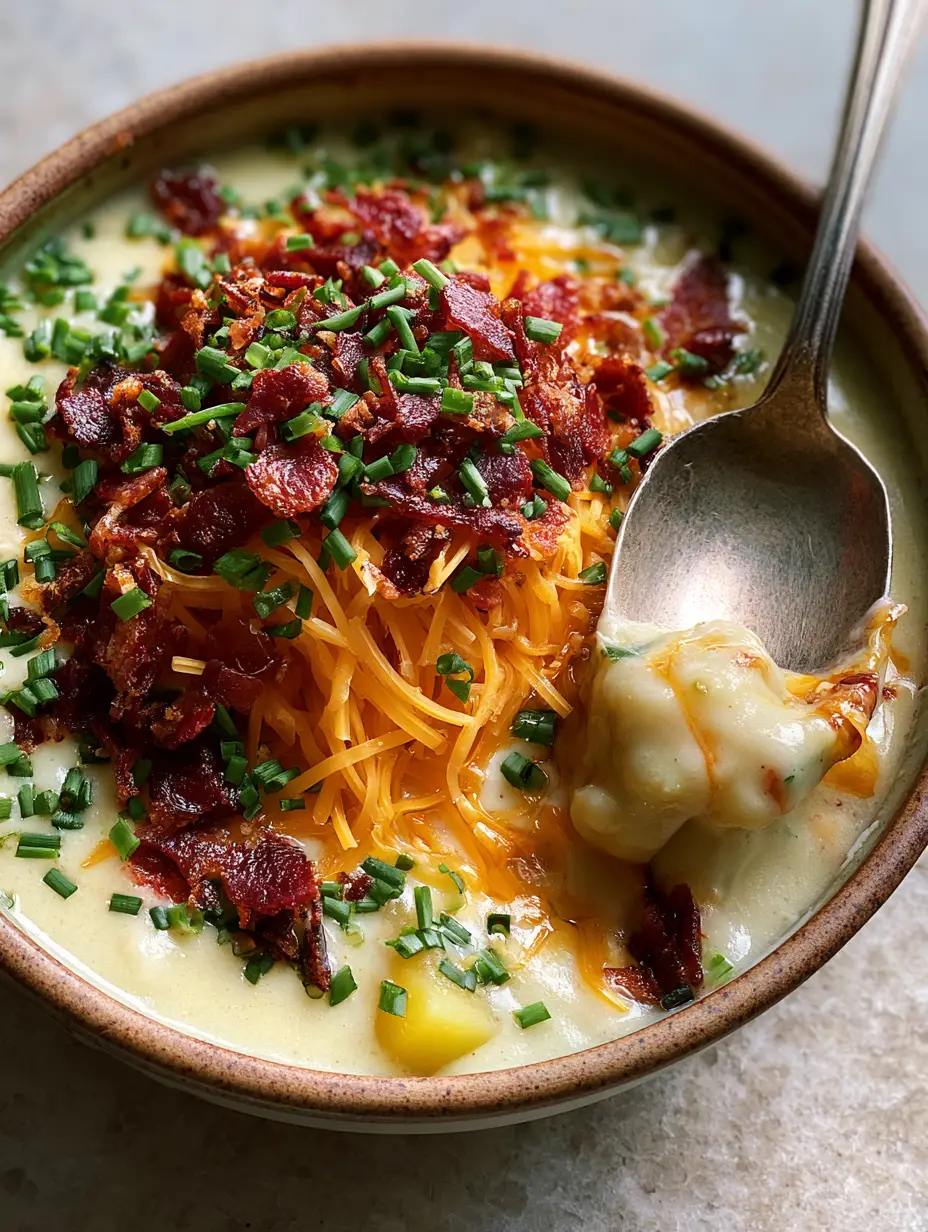 Smartphone photo of Loaded potato soup showing a thick ivory broth and golden potato chunks.