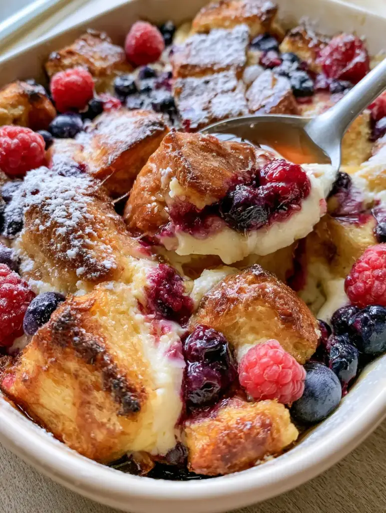 Close up of a spoon lifting Berries and cream stuffed French toast casserole revealing the steaming custard interior.