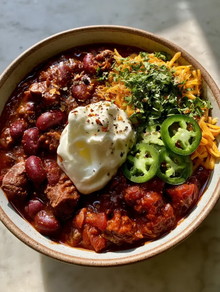 Beef Chilli topped with fresh jalapeños, cilantro, and sharp cheddar cheese on a marble countertop.