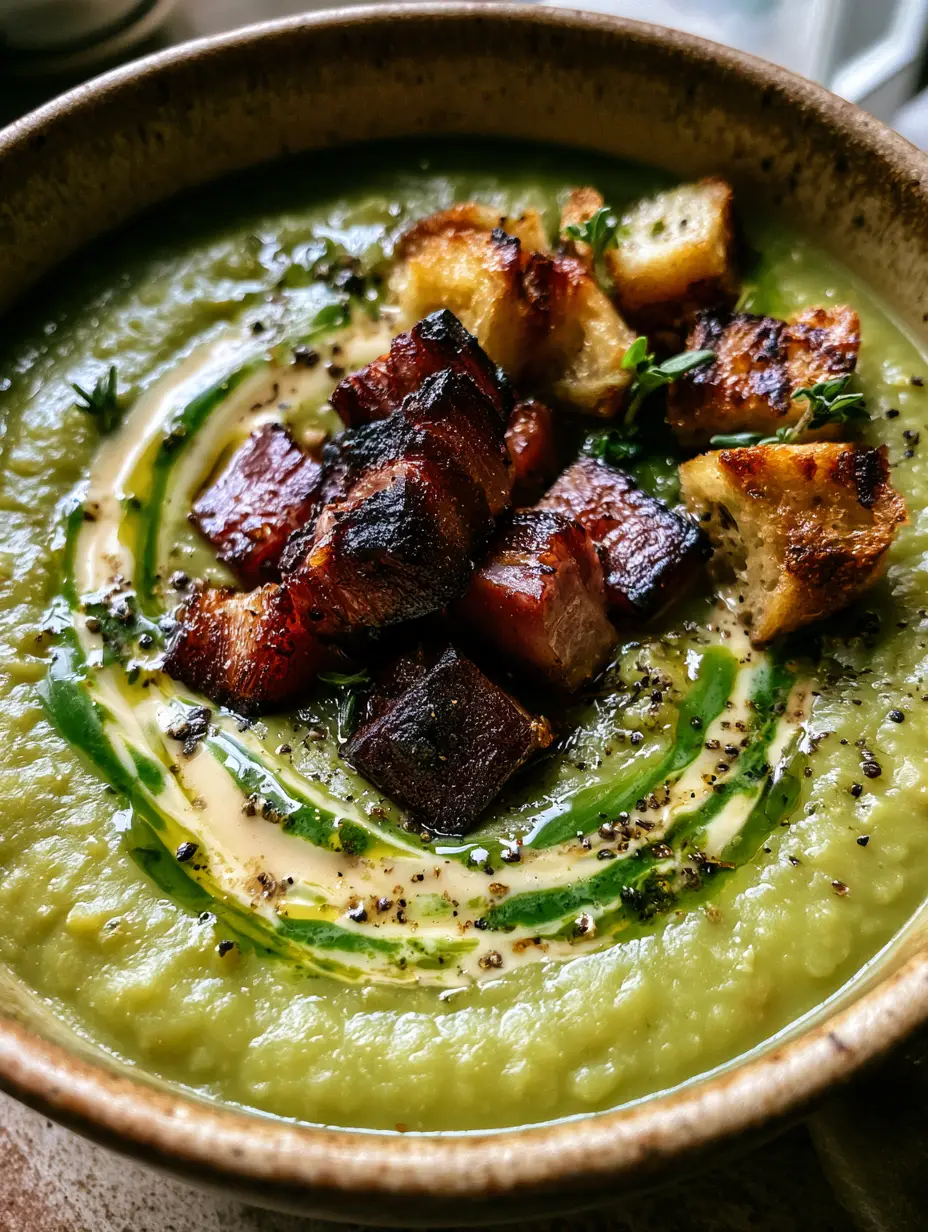 Extreme close-up of smooth split pea soup showing the detail of seared ham hock and vibrant herb oil drizzle.