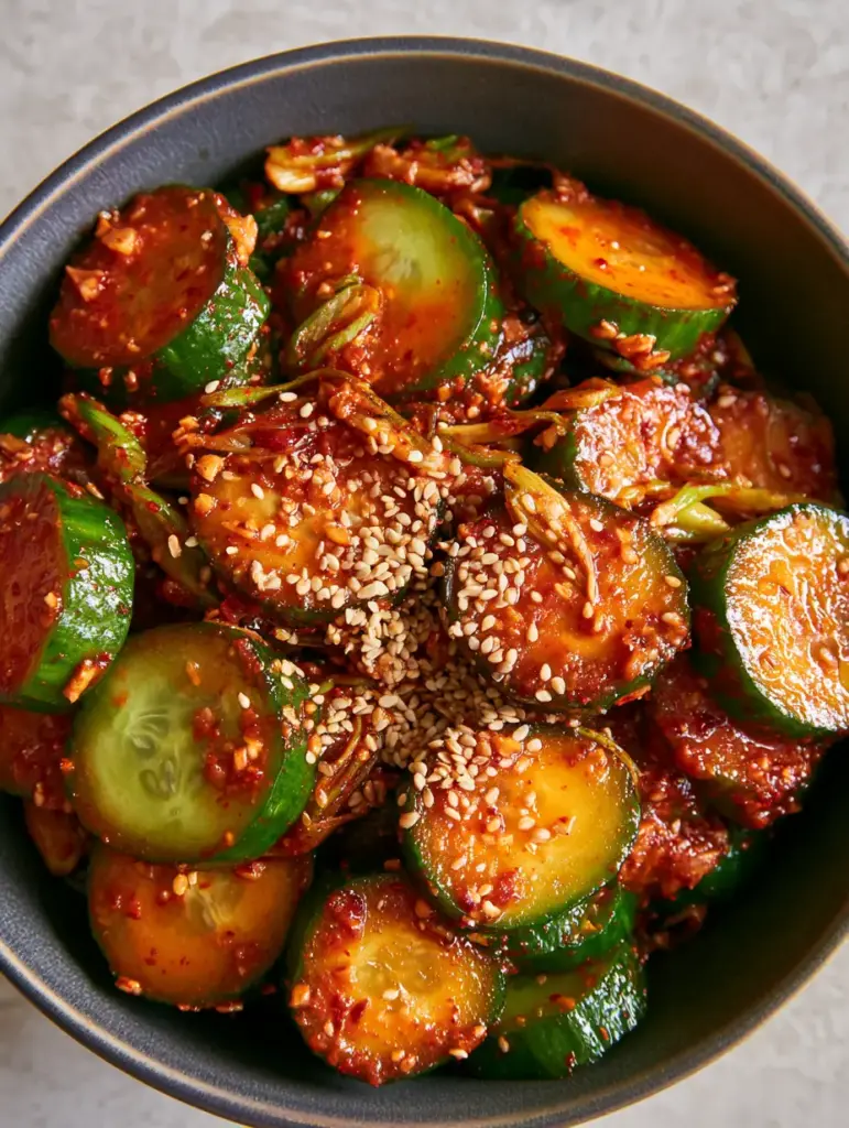 Korean cucumber kimchi salad: The Viral 10-Minute Spicy Cucumber Recipe 1 Close up shot of scallions and sesame seeds on Korean cucumber kimchi salad.
