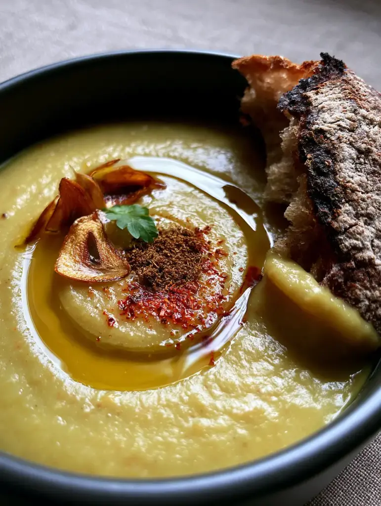 Moroccan Split Pea Soup (Creamy & Authentic Bissara) 1 A close-up of charred sourdough bread partially submerged in thick Moroccan split pea soup.