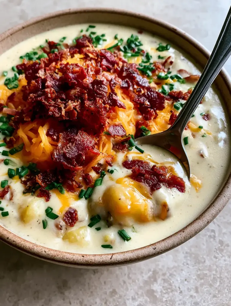 Extreme close up of Loaded potato soup with a heavy silver spoon lifting a spoonful of cheese and bacon.
