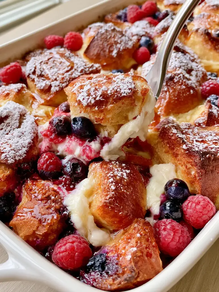Berries and Cream Stuffed French Toast Casserole (The Ultimate Brunch) 1 Overhead view of Berries and cream stuffed French toast casserole with powdered sugar dusting and fresh raspberries.