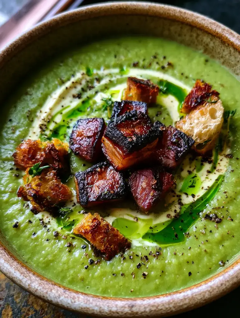 Overhead shot of a rustic ceramic bowl filled with green split pea soup and golden brown sourdough croutons.