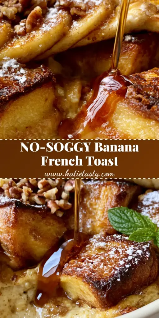 Banana French Toast Casserole with Caramelized Bananas and Brioche 4 A tall Pinterest pin showing a golden-brown banana french toast casserole with a maple syrup drizzle and toasted pecans.