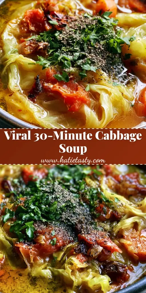 A tall vertical Pinterest pin showing a charcoal bowl of Instant Pot cabbage soup with fire-roasted tomatoes and parsley.