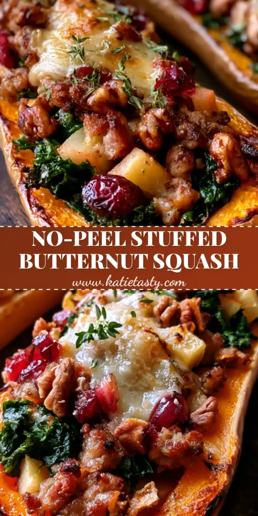 A close-up shot of two stuffed butternut squash halves topped with melted parmesan, pecans, and cranberries. (stuffed butternut squash)