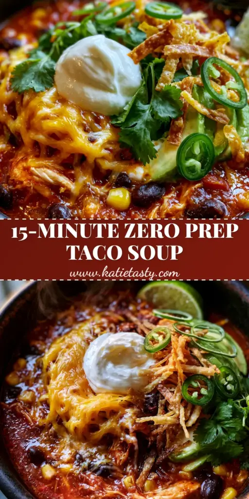 Taco Soup Recipe: Easy 30-Minute Chicken & Black Bean Soup 3 A vertical shot of a rich Taco Soup Recipe in a black bowl featuring melted cheddar, sour cream, and crispy tortilla strips.