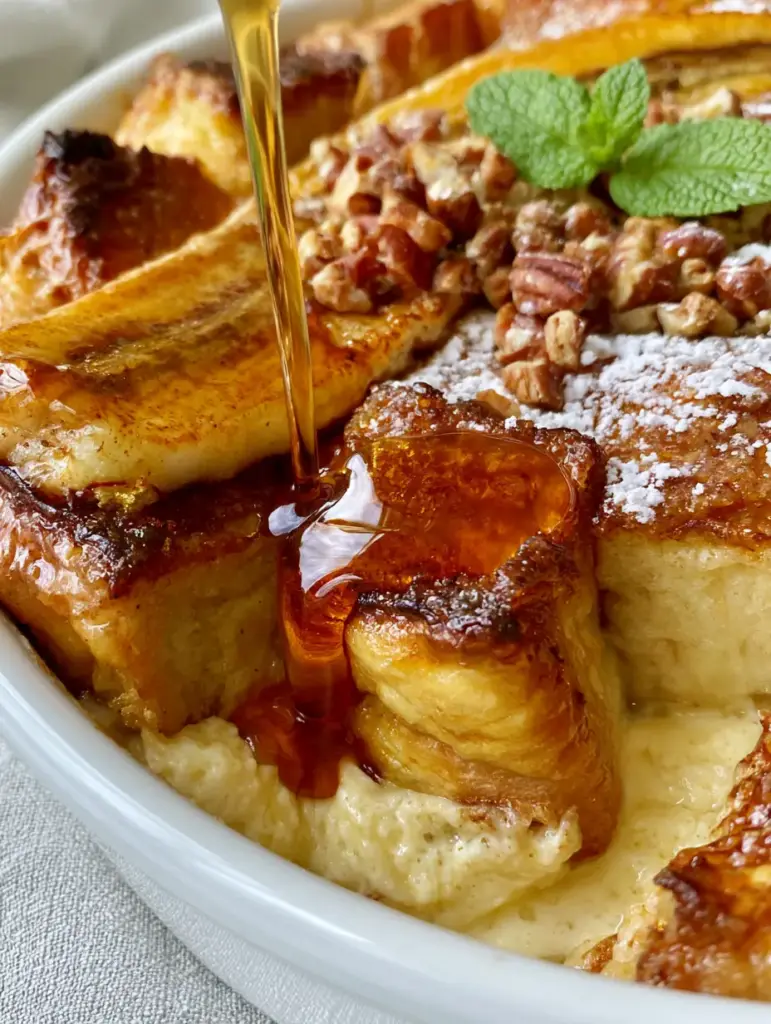 Macro shot of banana french toast casserole featuring crispy brioche edges and caramelized bananas.