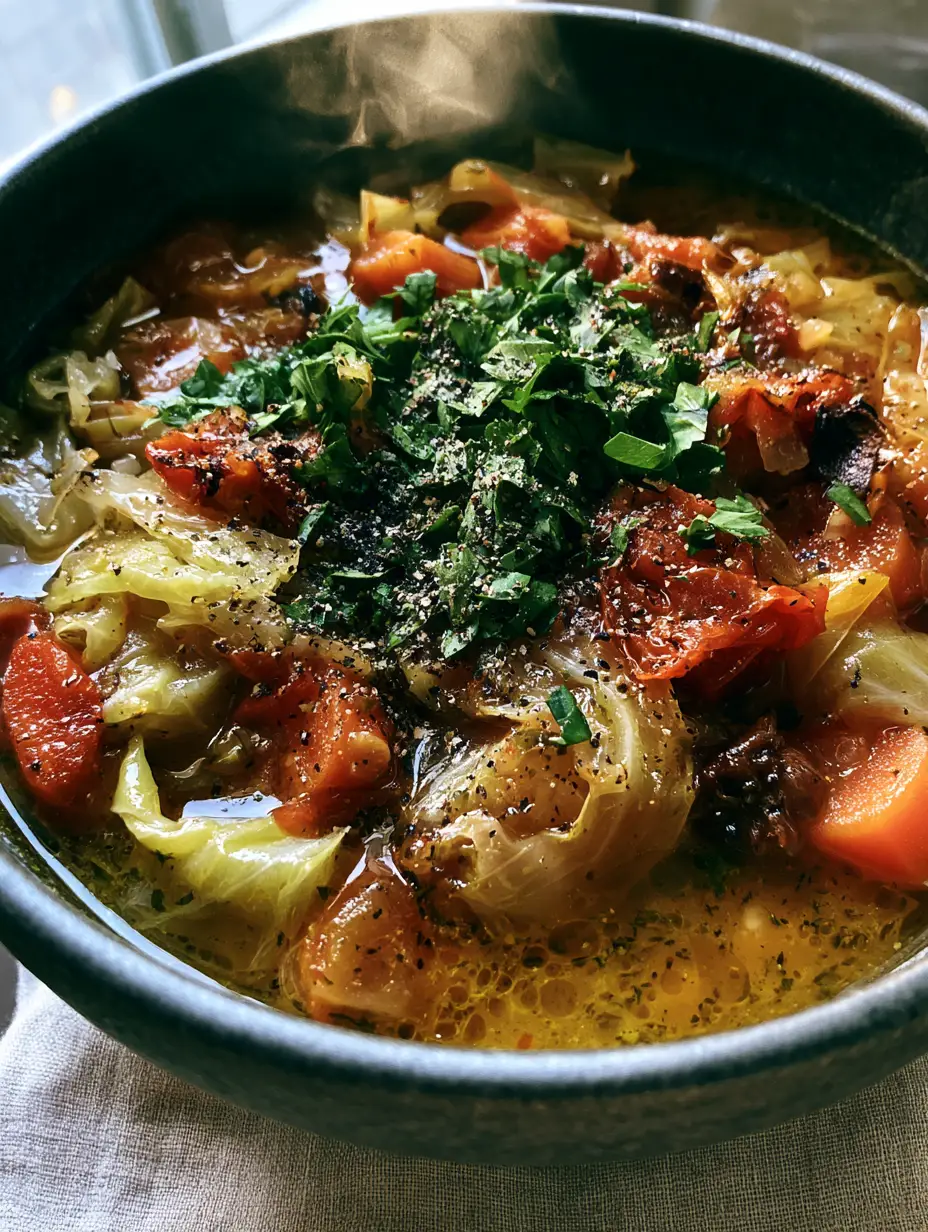 A steaming bowl of rich cabbage soup with deep amber broth and oil droplets. (Instant Pot cabbage soup)