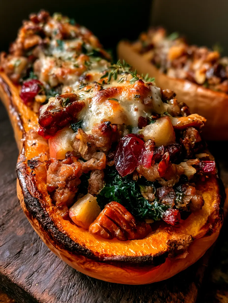 Low-angle close-up of roasted butternut squash halves with charred edges and bubbling cheese. (stuffed butternut squash)