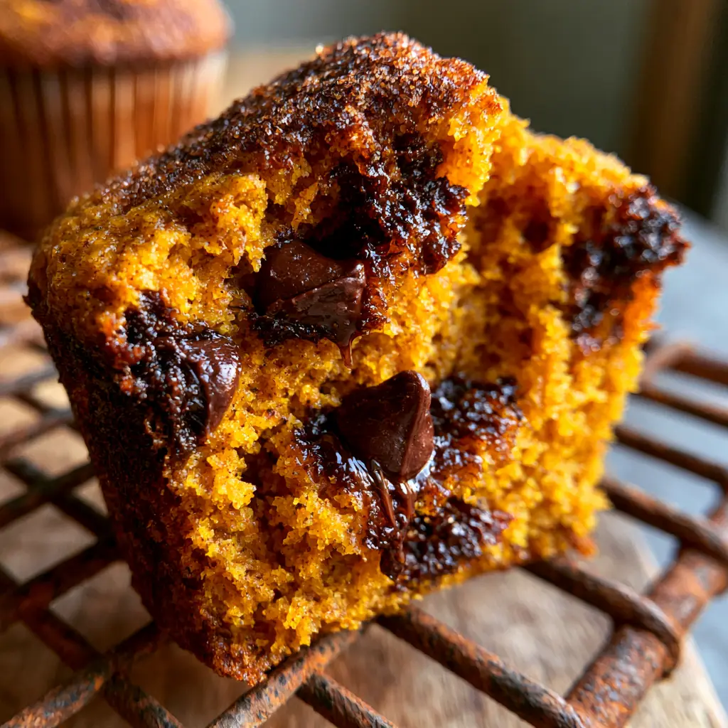 A freshly baked pumpkin chocolate chip muffin with a golden-brown caramelized sugar dome and glistening melted chocolate.
