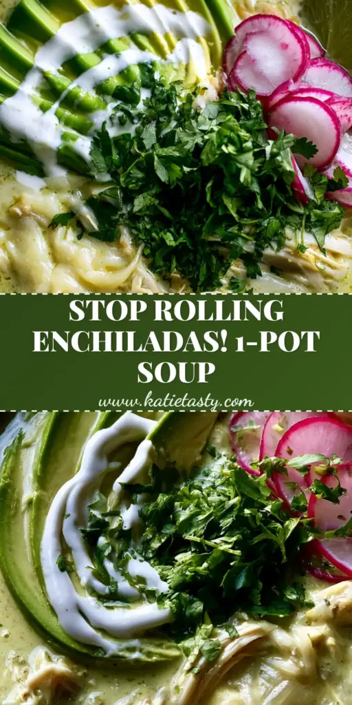A top-down shot of a bowl of creamy green enchilada chicken soup topped with fanned avocado, radishes, and a crema swirl.
