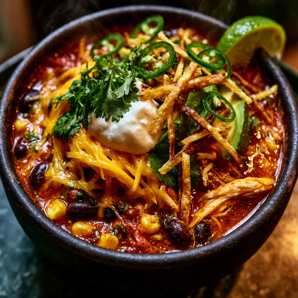 Taco Soup Recipe: Easy 30-Minute Chicken & Black Bean Soup 2 Top-down macro shot of a Taco Soup Recipe showing vibrant tomato broth, shredded chicken, corn, and black beans.