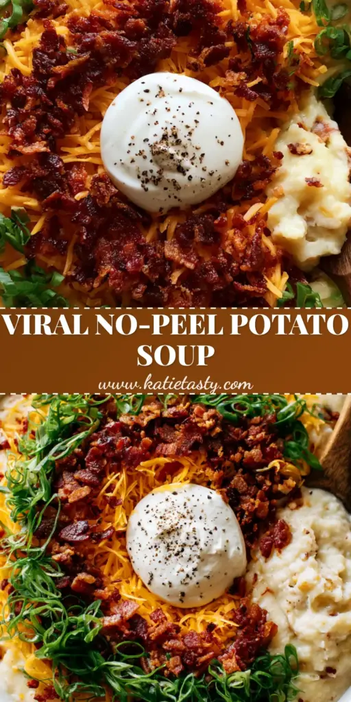 A vertical top-down shot of a white crockpot potato soup topped with a mountain of cheddar cheese, bacon crumbles, and a sour cream dollop.