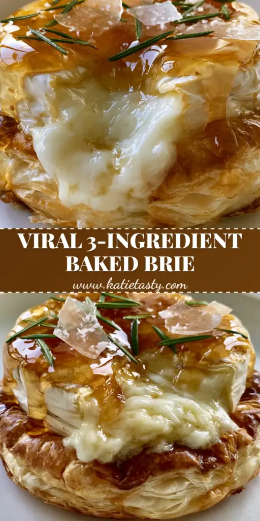 High-angle smartphone photo of Baked Brie in golden-brown puff pastry with honey drizzle and fresh rosemary on a white plate.