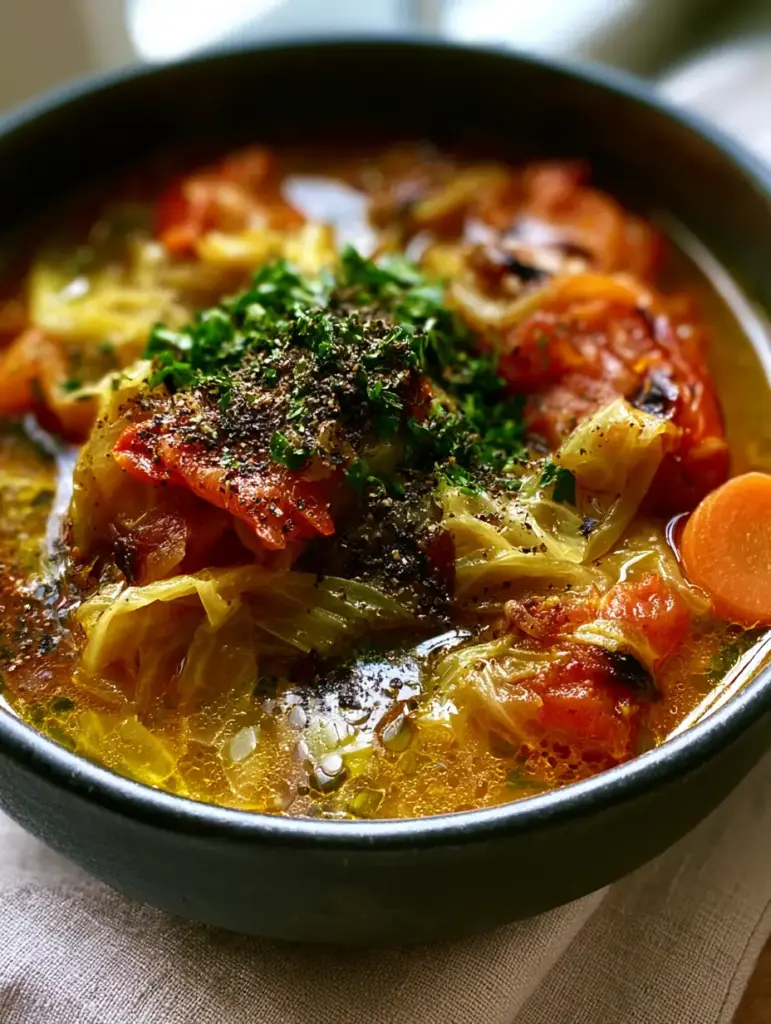 Close up detail of tender green cabbage ribbons and chunky fire-roasted tomatoes in a golden broth. (Instant Pot cabbage soup)