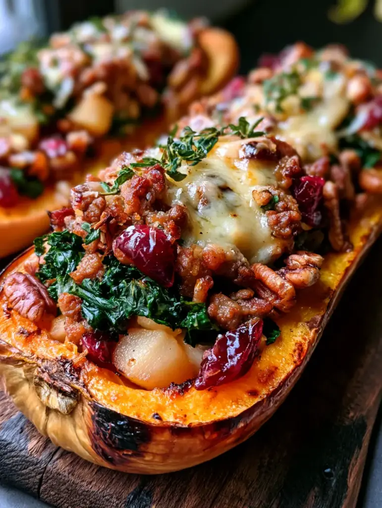 A textured filling of sausage, kale, and pecans inside a glowing orange stuffed butternut squash.
