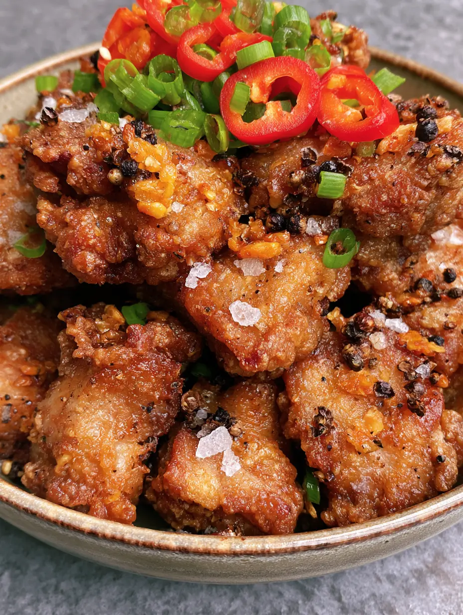 Close up shot of golden-brown salt and pepper pork showing jagged crunchy edges and glistening garlic bits.