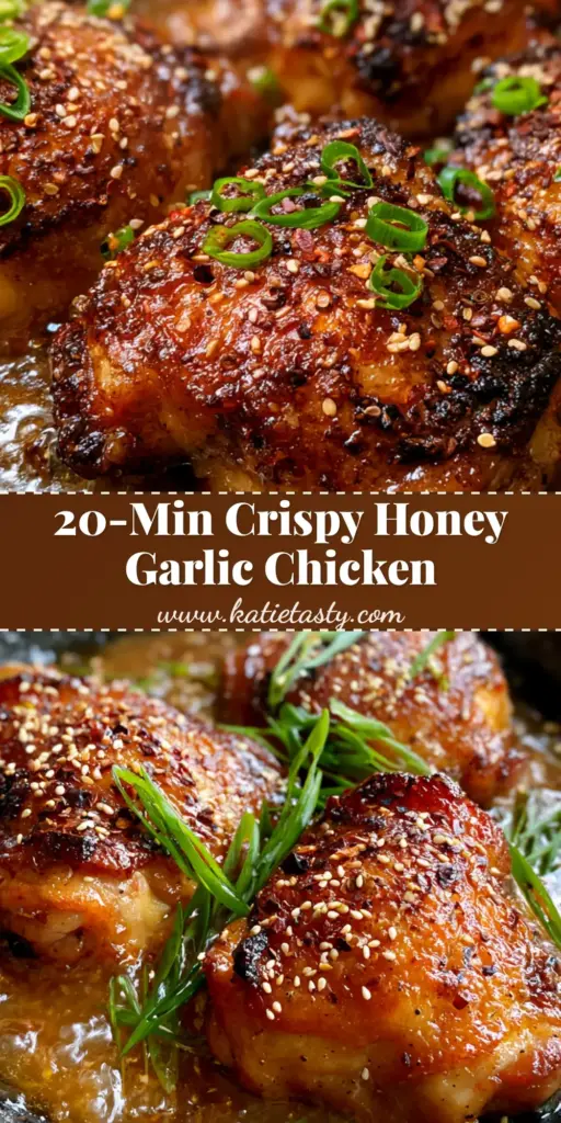 Chicken Thighs with Crispy Honey Garlic Glaze and Toasted Sesame 3 A close-up of crispy honey garlic chicken thighs in a cast iron skillet garnished with sesame seeds and green scallions. (chicken thighs)