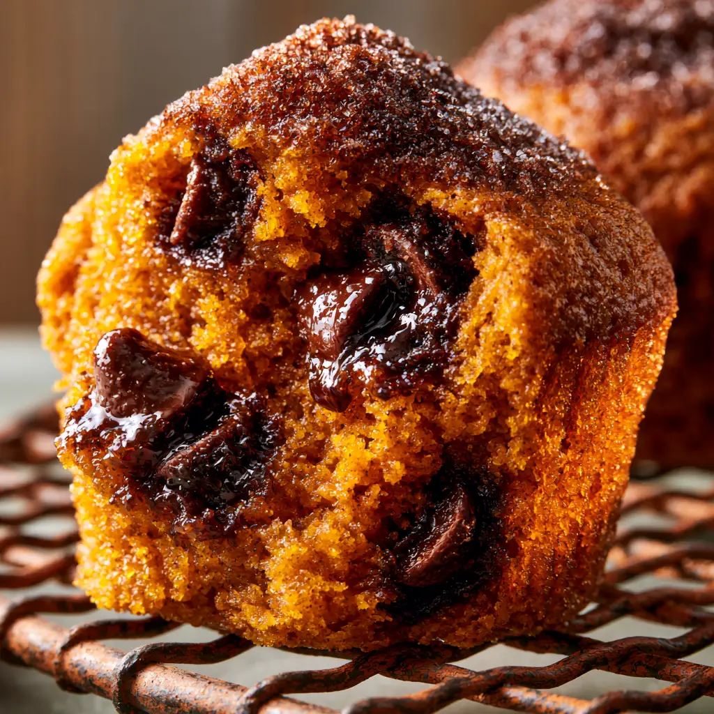 An interior shot of the moist spiced orange pumpkin crumb studded with oozing dark chocolate chips.
