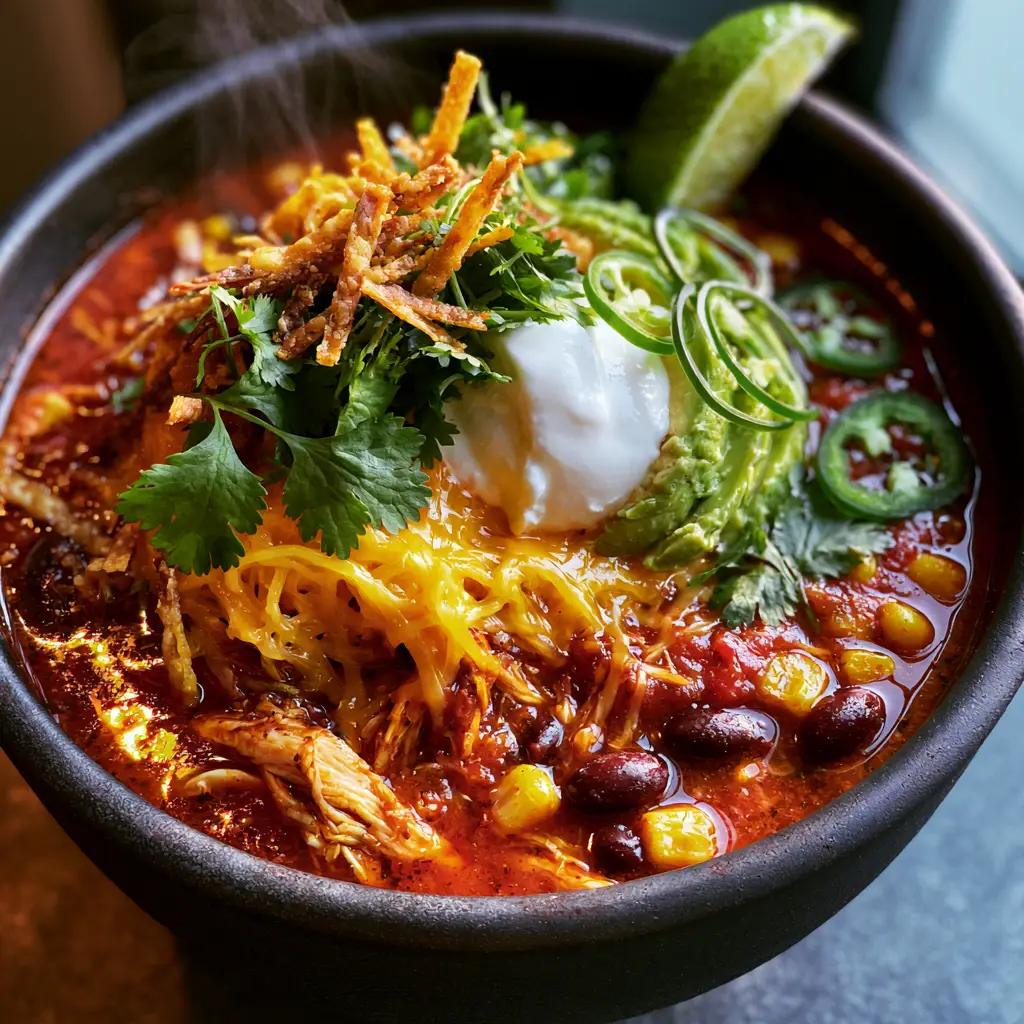 Taco Soup Recipe: Easy 30-Minute Chicken & Black Bean Soup 1 Close up of Taco Soup Recipe toppings including melted cheddar cheese, avocado slices, and a dollop of sour cream.