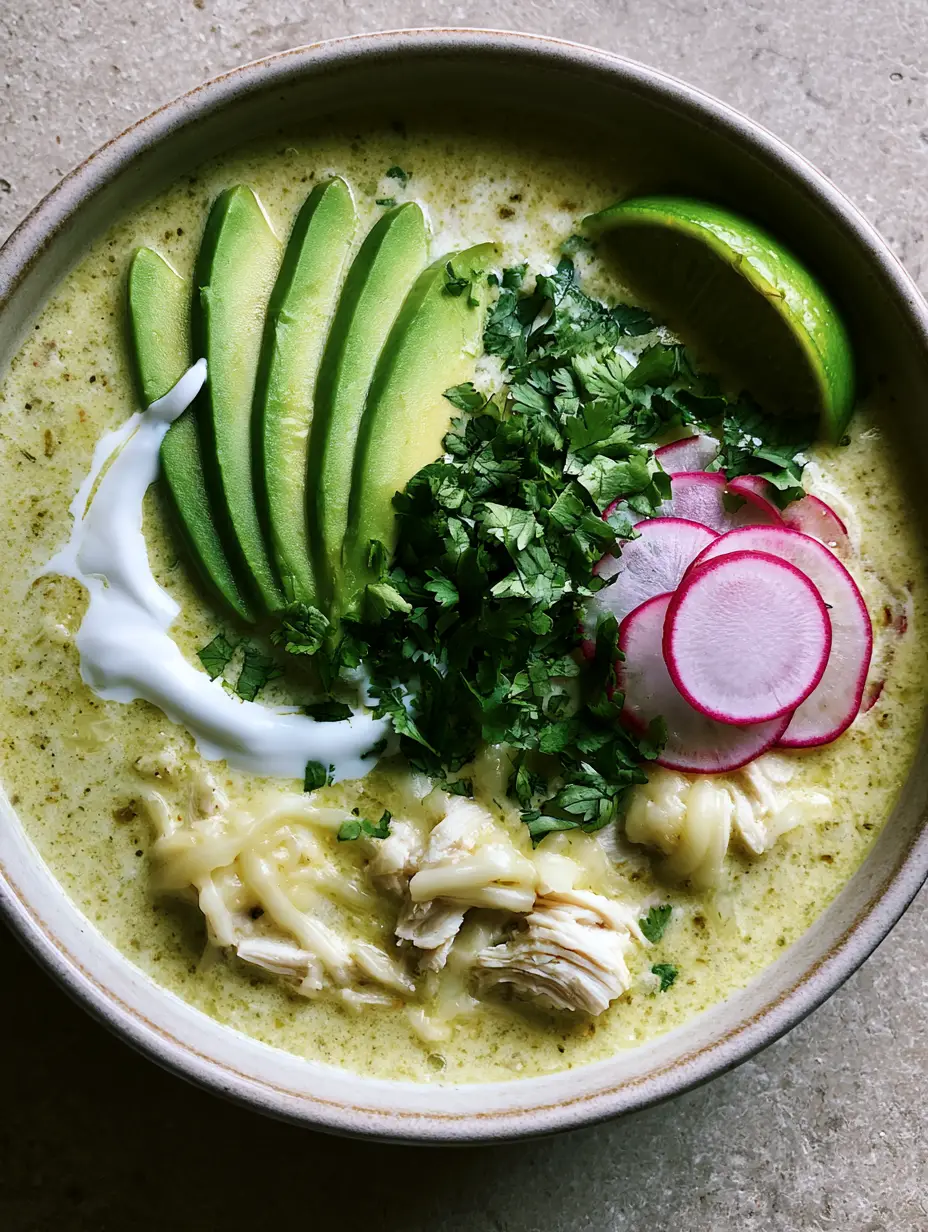 Close up angled shot of green enchilada chicken soup in a ceramic bowl with visible melted cheese strings.