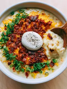 Top-down view of thick ivory crockpot potato soup with a carpet of crispy bacon and melted cheddar cheese.
