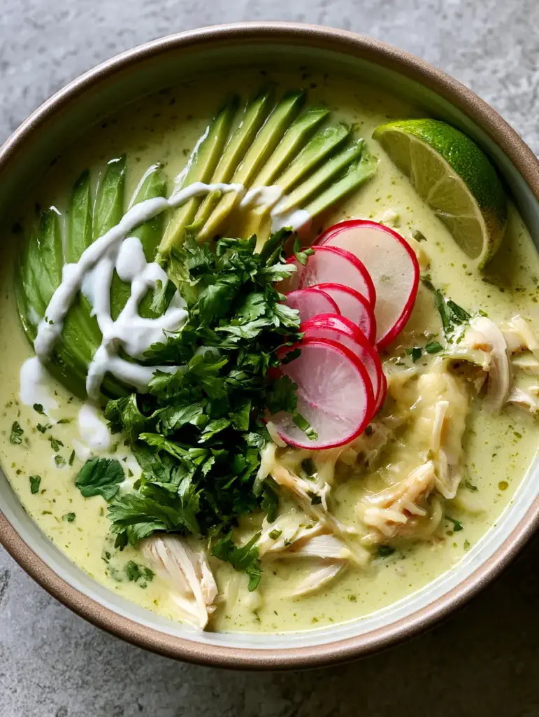 Creamy lime-green broth with shredded chicken and vibrant radish garnishes.