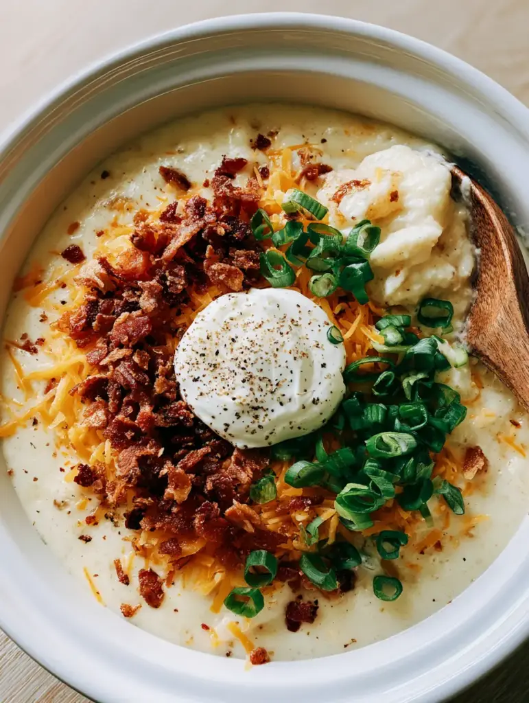 A close up of a wooden spoon lifting a chunky portion of loaded crockpot potato soup.