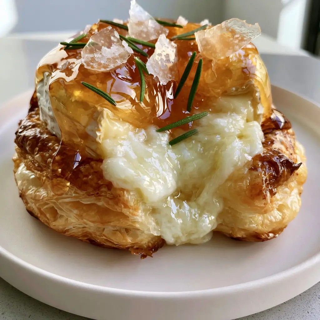 Close up of amber honey dripping down the sides of a golden-brown Baked Brie with rosemary garnish.