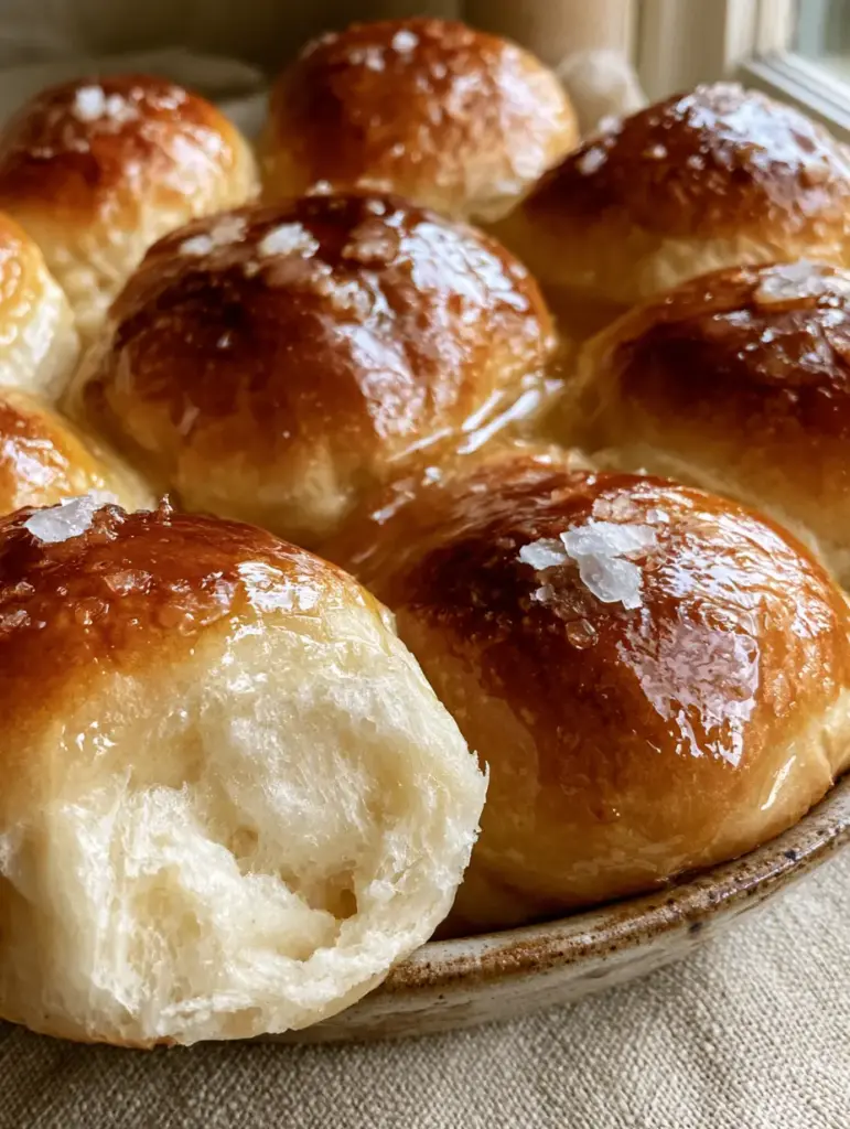 Close up of a cluster of ultra-fluffy dinner rolls in a baking dish showing the deep golden crust and honey butter pools.