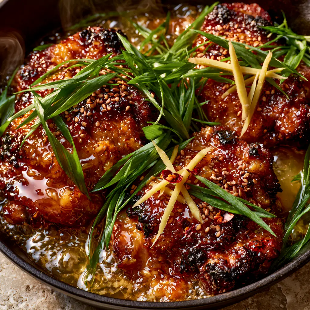 Ginger Garlic Chicken Thigh Bake: The Ultimate Sticky One-Pan Dinner 1 Close up of chicken thighs garnished with bias-cut scallions and sesame seeds in a black skillet.