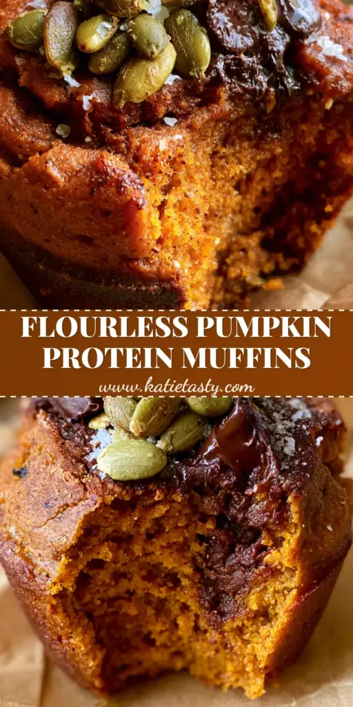 A Pinterest-style vertical graphic showing moist paleo pumpkin protein muffins on brown parchment paper with chocolate chips and pepitas.