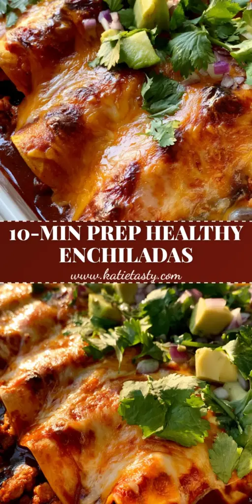 A close-up of Ground Turkey Black Bean Enchiladas in a white ceramic dish, featuring melted Monterey Jack and toasted cheddar cheese with fresh cilantro and avocado garnish.