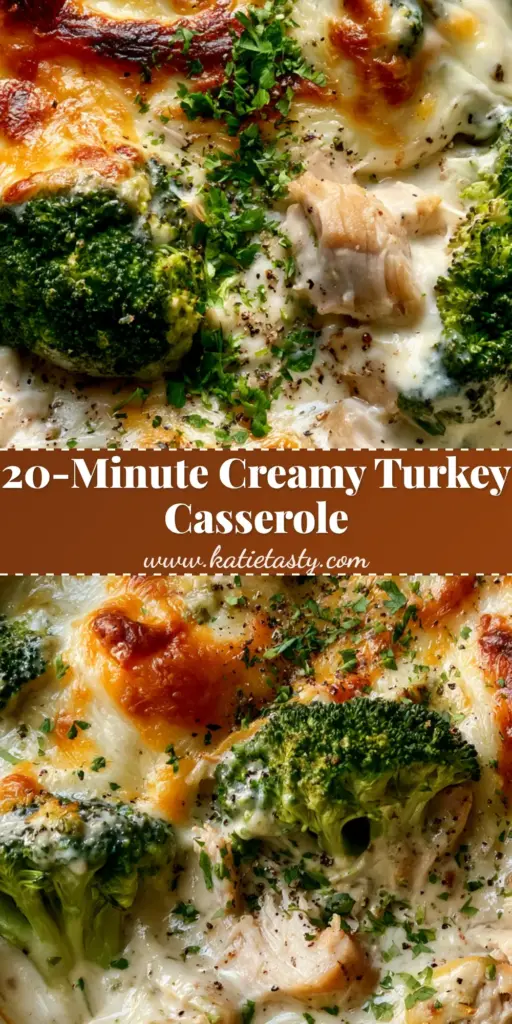Leftover Turkey Broccoli Casserole: The Ultimate Cheesy Bake 4 A close-up vertical view of Leftover Turkey Broccoli Casserole in a white dish with melted bubbling cheese and green broccoli.