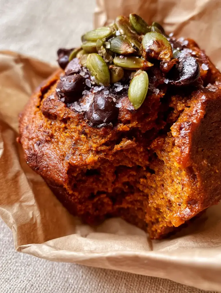 Macro shot of a single paleo pumpkin protein muffin showing a moist crumb, cinnamon flecks, and melting chocolate chips.