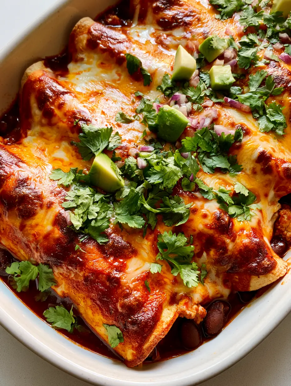 High-angle shot of ground turkey black bean enchiladas showing glossy red guajillo sauce and bubbling cheese.
