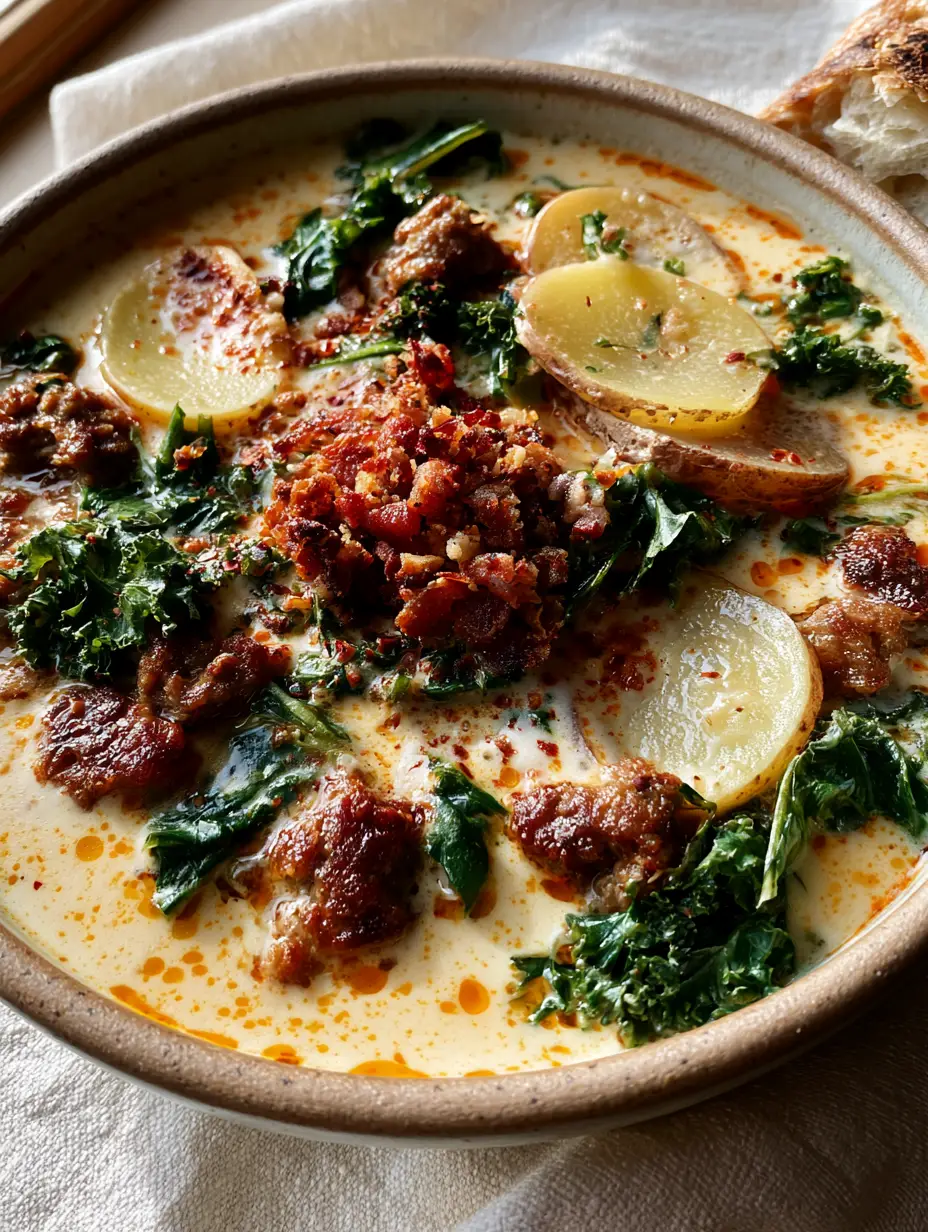 Zuppa Toscana soup recipe: The Ultimate Creamy Italian Classic 3 Handheld photo of a rustic bowl of Zuppa Toscana soup recipe showing thin potatoes and wilted kale ribbons.
