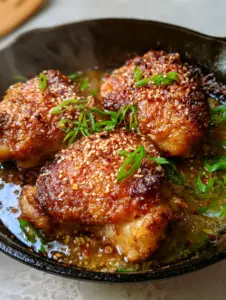 Handheld photo at a 45-degree angle showing crispy honey garlic chicken thighs with caramelized edges in a black skillet. (chicken thighs)