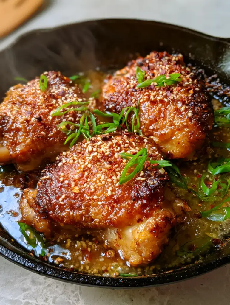 Chicken Thighs with Crispy Honey Garlic Glaze and Toasted Sesame 2 Handheld photo at a 45-degree angle showing crispy honey garlic chicken thighs with caramelized edges in a black skillet. (chicken thighs)